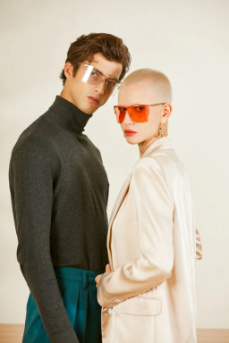 models wearing red tinted sunglasses futuristic of MythGreece