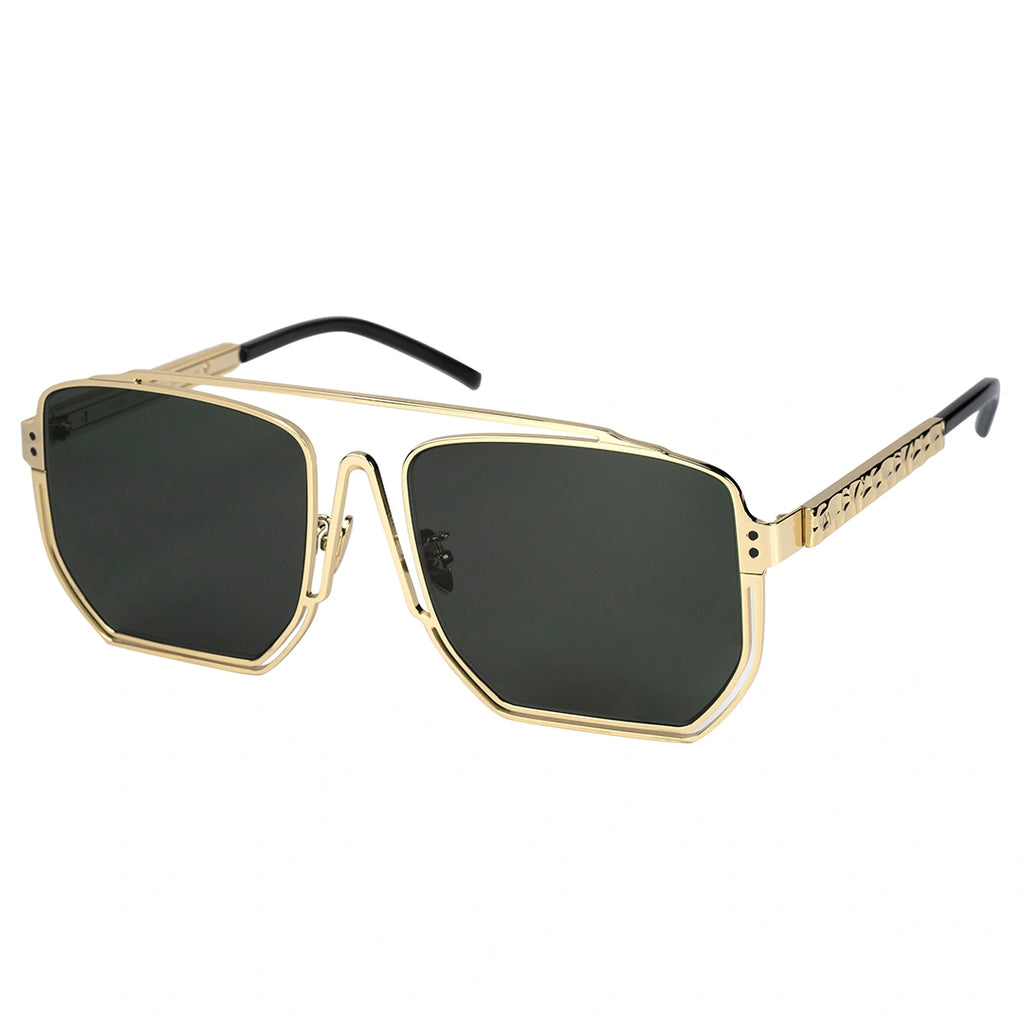 MYTH GREECE ORION oversized dark lens square sunglasses metal frame with Inverted V bridge, double bridge, gold metal frame sunglasses mens and womens sleek and elegant
